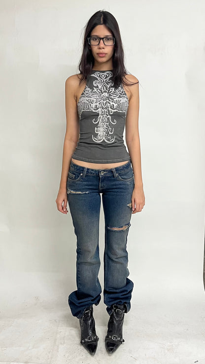 LOW WAIST FLARED JEANS - DISTRESSED MUDDY BLUE