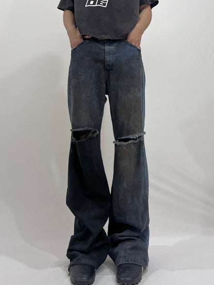 Split Two Tone Muddy Wash Flared Jeans