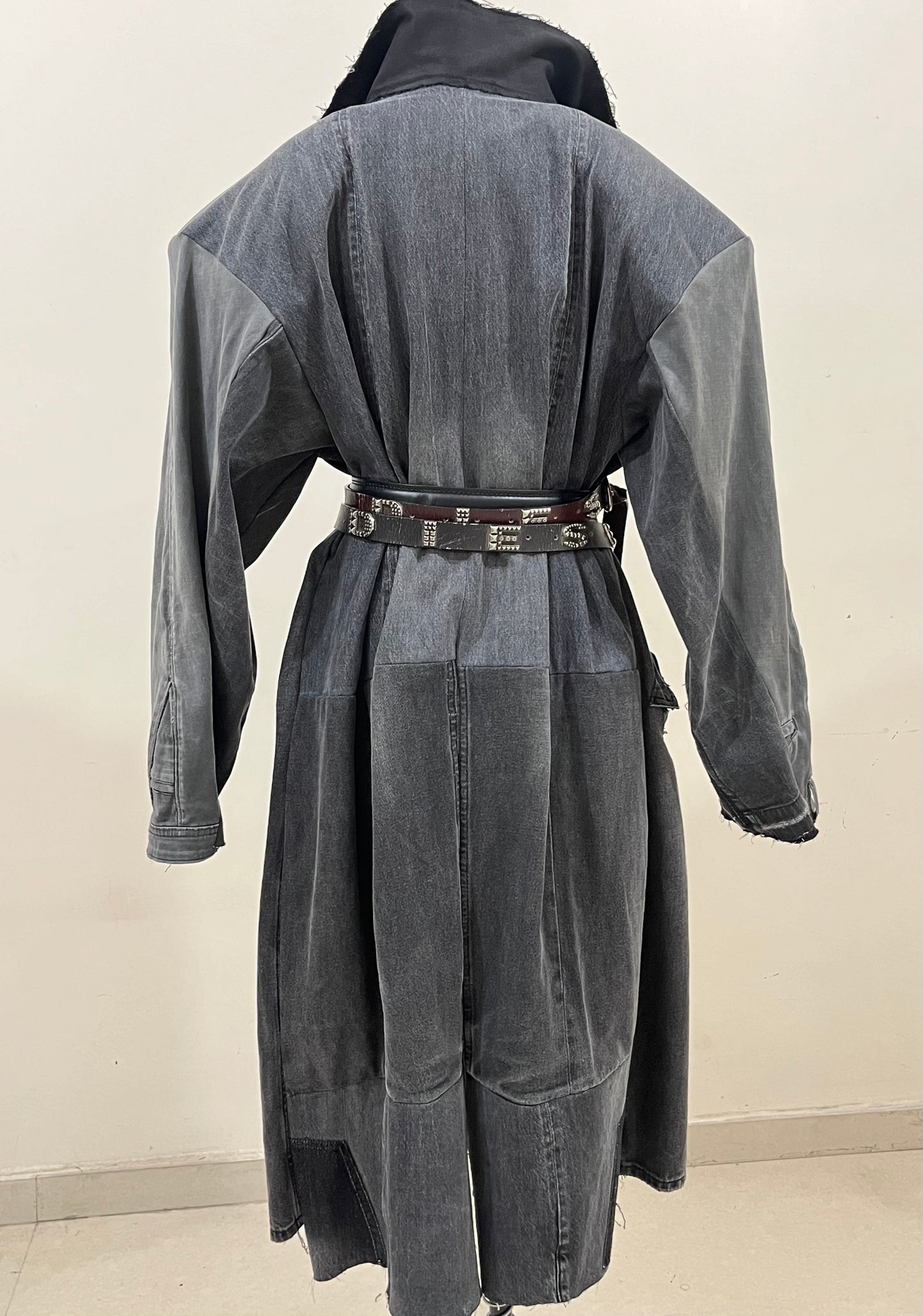Reconstructed Denim Trench Coat with Shoulder Padding