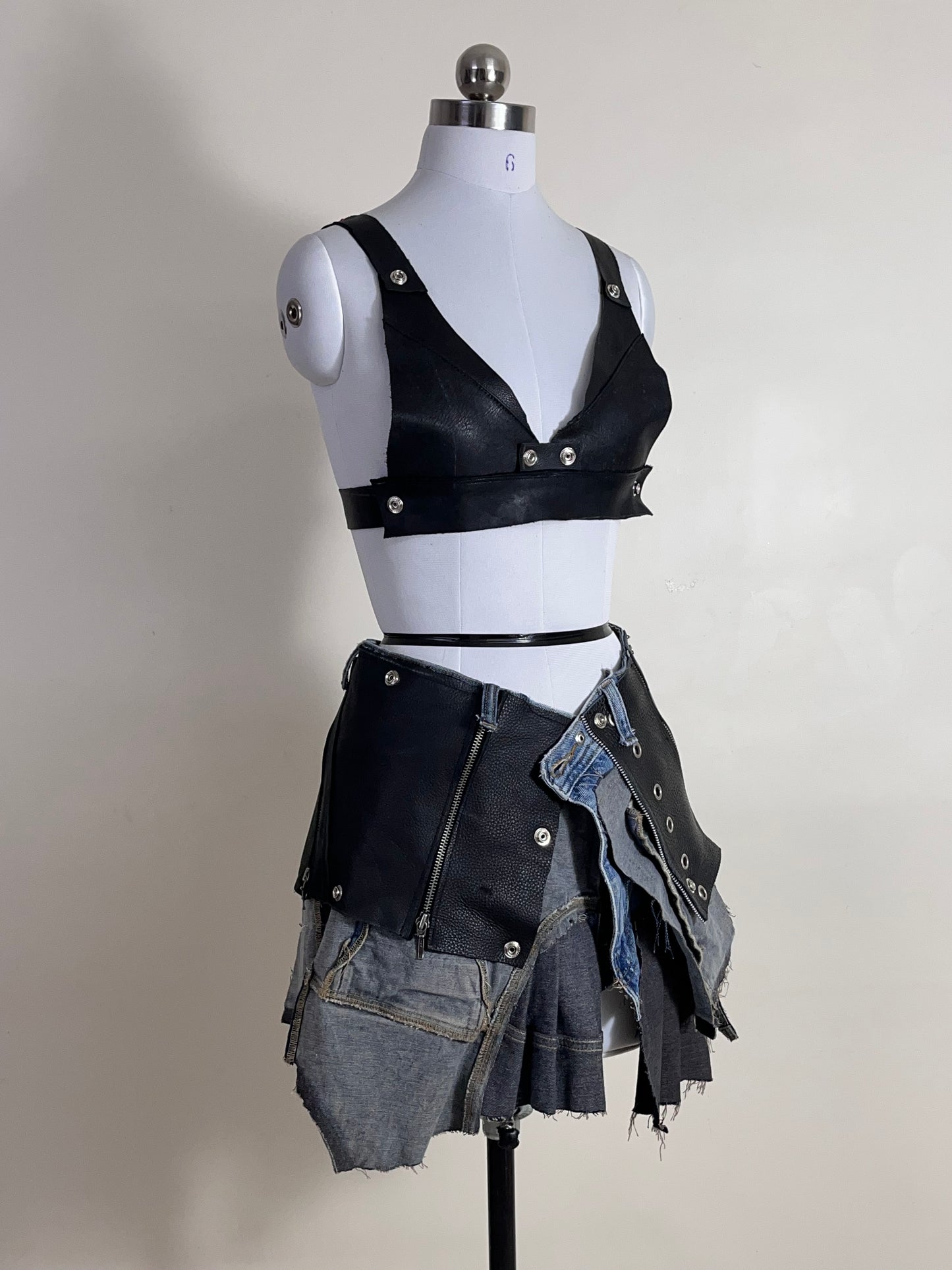 Reconstructed denim/ leather skirt