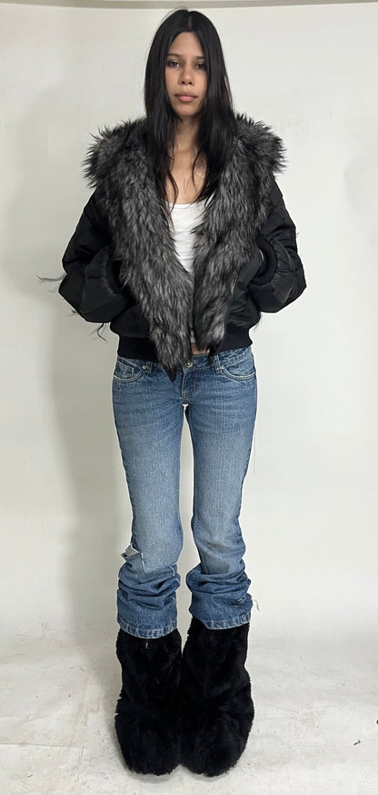 REVERSIBLE FUR BOMBER - BLACK