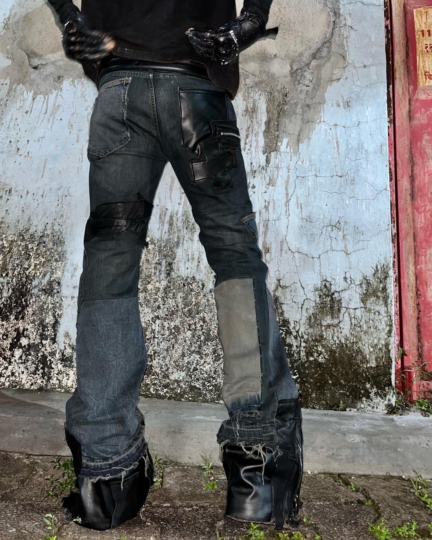 Leather/ Denim Hybrid Reconstructed Flared Jeans