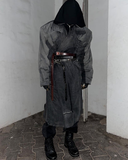 Reconstructed Denim Trench Coat with Shoulder Padding