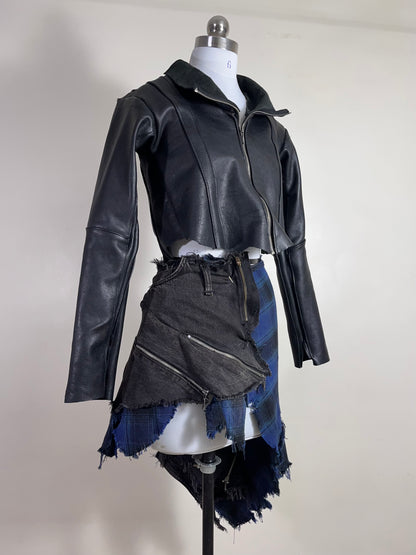 Reconstructed denim/ plaid skirt