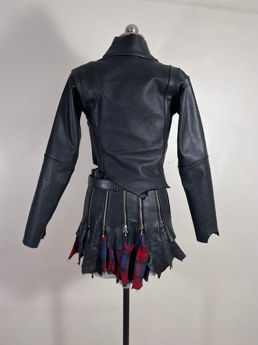 Reconstructed leather/ plaid skirt