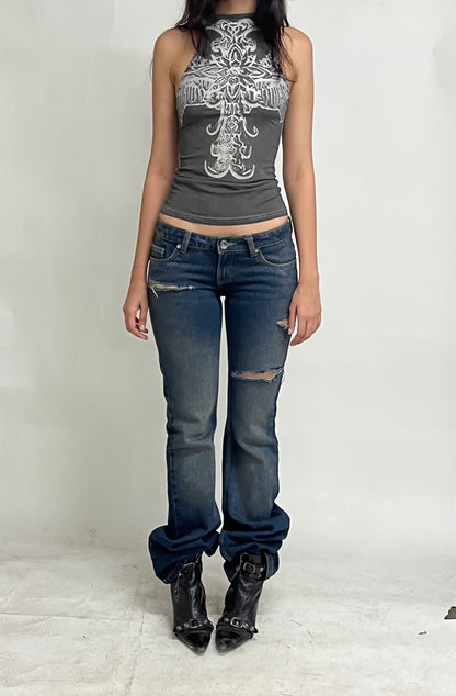 LOW WAIST FLARED JEANS - DISTRESSED MUDDY BLUE