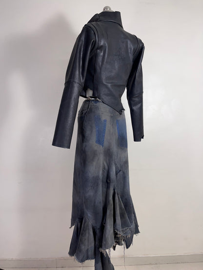 Reconstructed dirty wash denim skirt