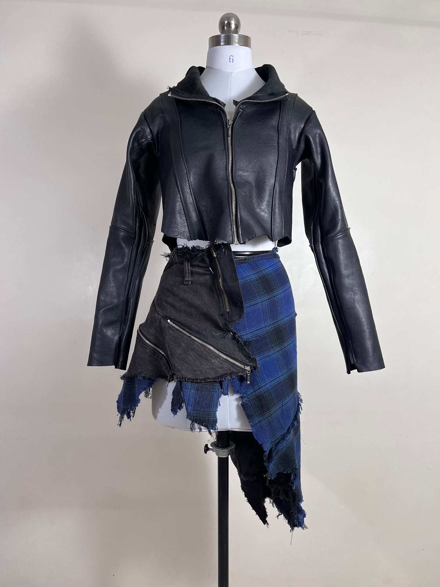 Reconstructed denim/ plaid skirt