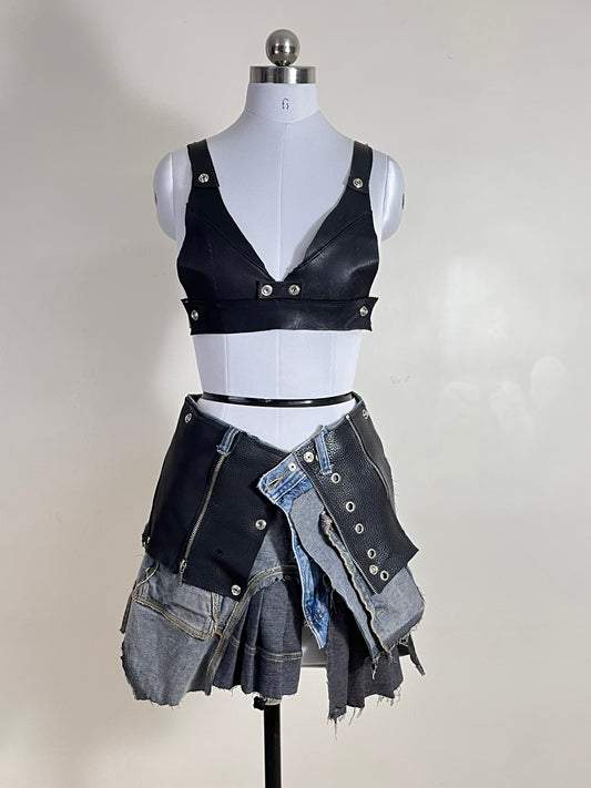 Reconstructed denim/ leather skirt