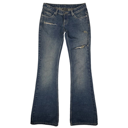 LOW WAIST FLARED JEANS - DISTRESSED MUDDY BLUE