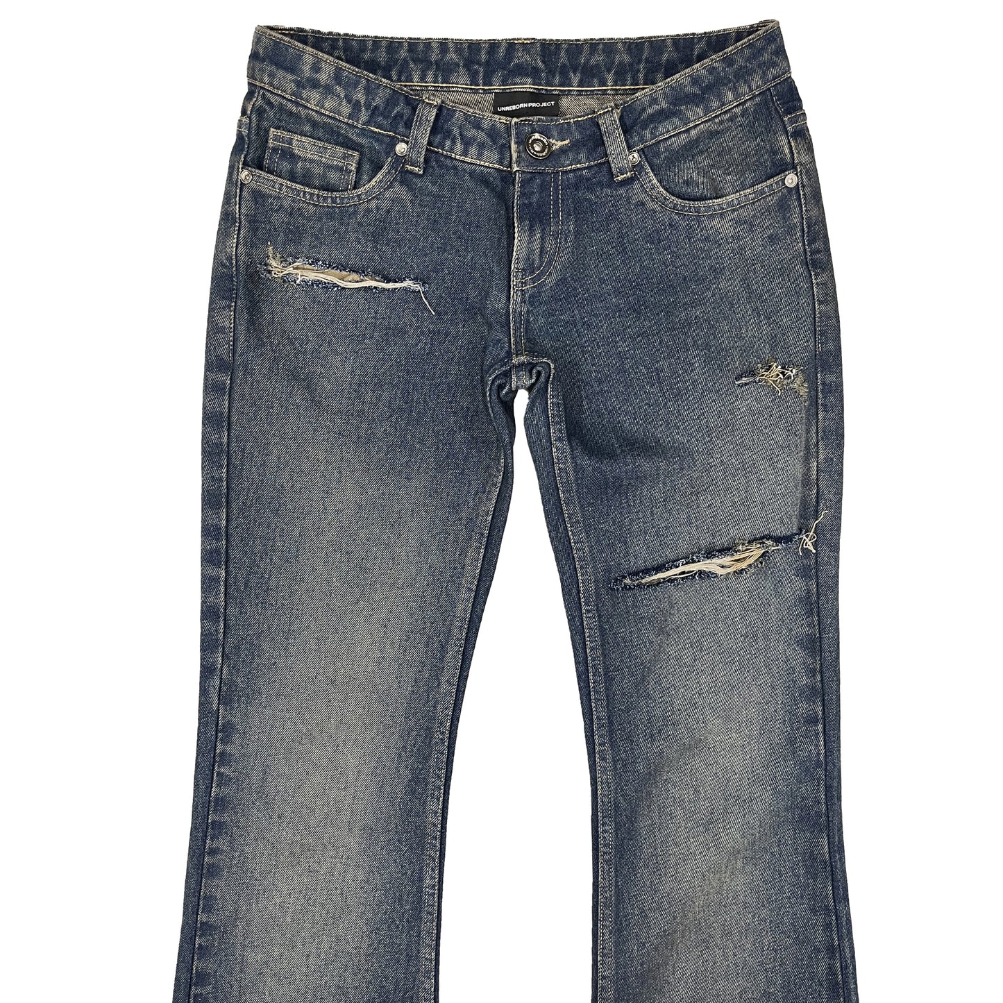 LOW WAIST FLARED JEANS - DISTRESSED MUDDY BLUE