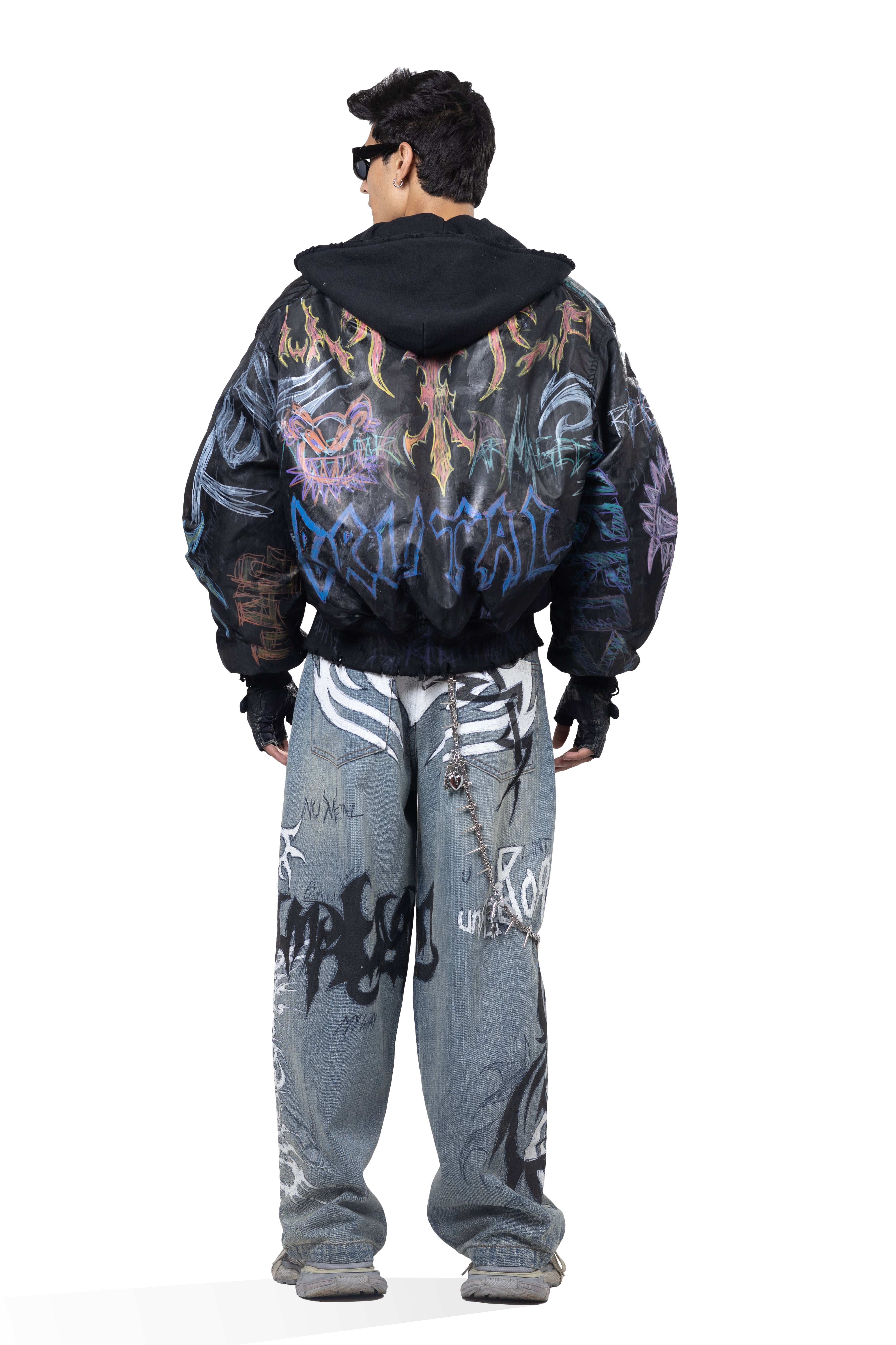 Coated Graffiti Hooded Bomber