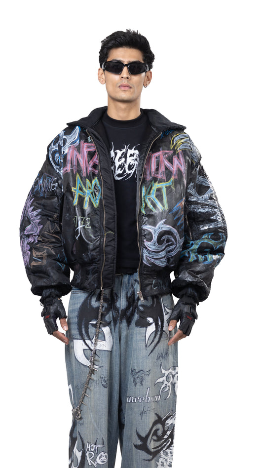 Coated Graffiti Hooded Bomber