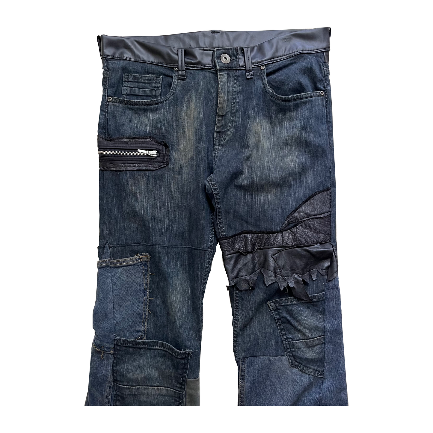 Leather/ Denim Hybrid Reconstructed Flared Jeans