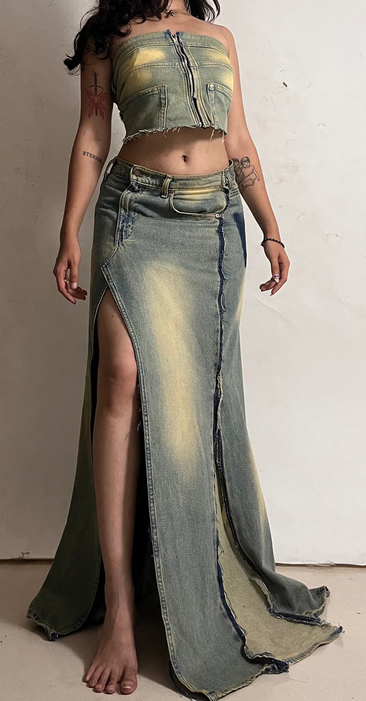 Reconstructed Faded Washed Denim Skirt