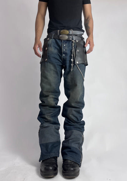 Flared Denim/ Leather Reconstructed Muddy Jeans