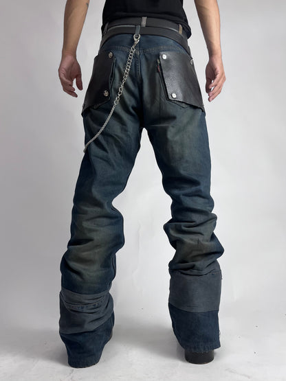Flared Denim/ Leather Reconstructed Muddy Jeans